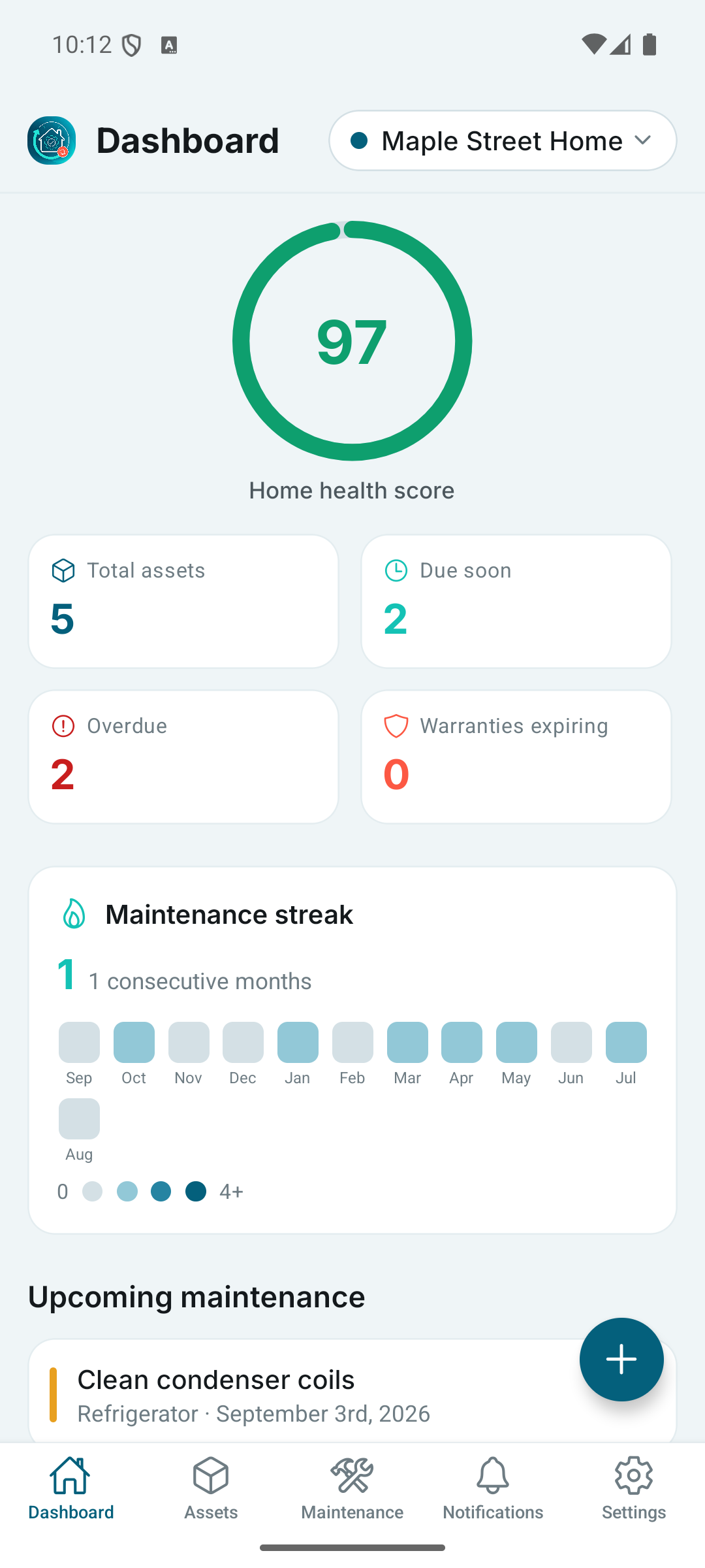 Pantalla principal de AssetMind con el puntaje de salud, activos totales, pendientes y vencidos